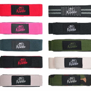 May include: A selection of weightlifting straps in colours such as red, pink, and black. Each strap has a rectangular patch with the word "Revanish" and a skull graphic.