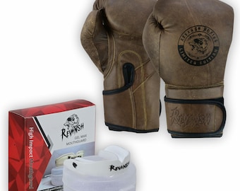 Skórzane rękawice bokserskie w stylu vintage z bezpłatnym ochraniaczem na zęby do treningu firmy Revansh Sports