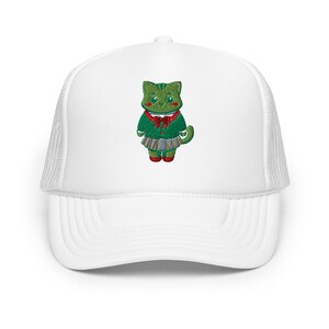 Cute Green Cat Embroidered Trucker Hat – Kawaii Animal Foam Cap Foam trucker hat