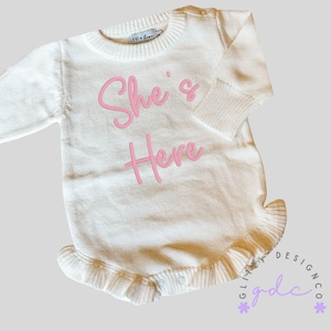 She&#39;s Here Embroidered Knit Ruffle Romper - Personalized Baby Girl Coming Home Outfit - Baby Girl Newborn Outfit