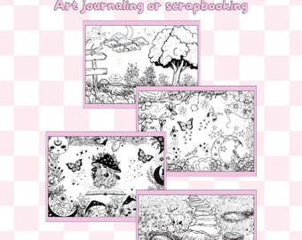 Puede incluir: Cinco páginas para colorear en blanco y negro con ilustraciones caprichosas de un bosque, una bruja, un camino, un árbol y una escena mística. Las páginas son perfectas para el diario de arte o el scrapbooking.