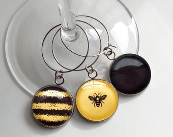 Honey Bee Glass Wine Charms, Set of 6, Nature Pollinator Themed Drink Markers