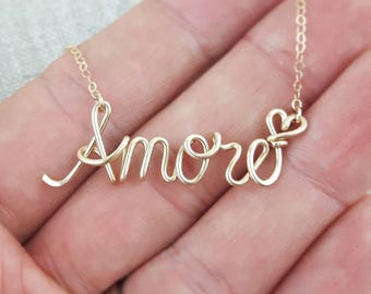 14K Gold Amore Necklace, Custom Wire Word, Valentine Love Gift