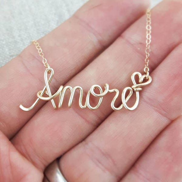 Cursive Name Necklace, Amore Necklace Gold, Girlfriend Gifts, Anniversary Gift