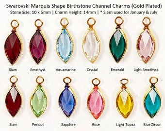 Swarovski Birthstone Marquis Charm 10mm Channel - Silver, Gold, Rose Gold, 12 Colors, Add to Charm Bracelet