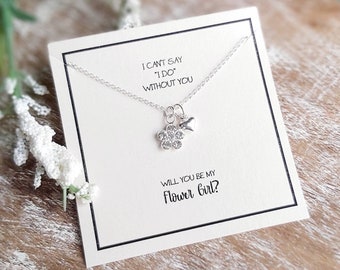 Flower Girl Necklace, Sterling Silver Flower Pendant, Birthstone Crystal