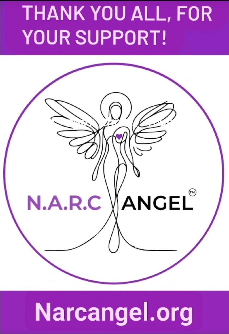 May include: A purple and white graphic with the text "THANK YOU ALL, FOR YOUR SUPPORT!" at the top. A circular design features a line drawing of an angel with wings, the text "N.A.R.C ANGEL" and the website "Narcangel.org".