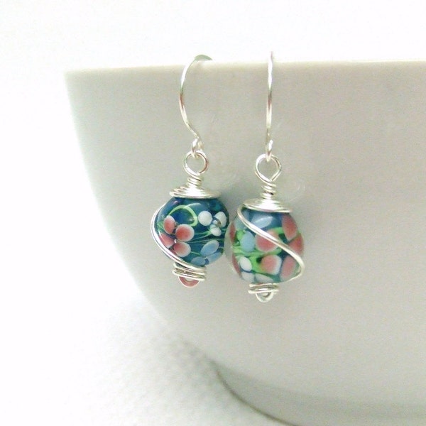 Lampwork Earrings Flower Earrings Blue Earrings Dangle Earrings Wire Wrapped Earrings Wire Wrap Jewelry Gifts Under 10