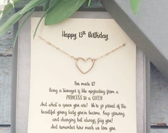 13th Birthday Girl, Dainty Heart Necklace, Teenage Girl Gifts,  Girls Age 13 14 15 16 17 18 19,, Handmade, Personalized, Gifts for Her