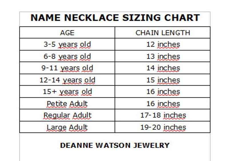 May include: A chart showing necklace sizing recommendations based on age. The chart lists ages from 3-5 years old to adult sizes, with corresponding chain lengths in inches.