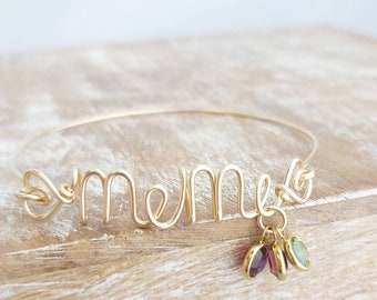 Meme Bangle Personalized: 14K Gold Filled Birthstone Bracelet for Grandmother