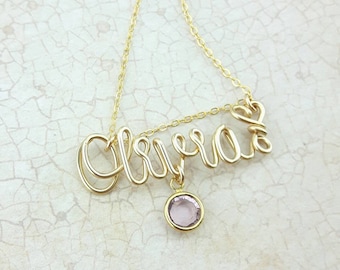 Name Necklace 14K Gold Fill, Personalized Birthstone Charm pendant,  Daughter Graduation Gift