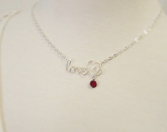 Love Pendant, Custom Word Necklace with Birthstone, Personalized Jewelry for Love Themed Wedding, July Crystal Charm