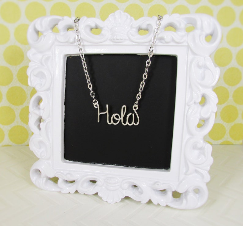 Hola Necklace: Silver Plated Spanish Word Pendant - Etsy