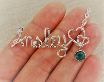 Wire Name Necklace Silver, Custom Necklace with Birthstone, Tween Girl Gifts