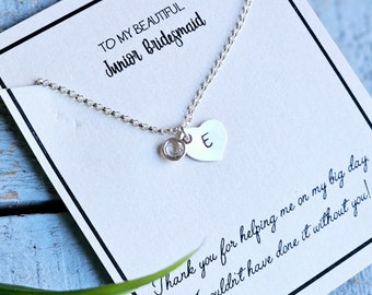 Junior Bridesmaid Necklace, Stamped Initial Necklace, Birthstone Charm, Bridesmaid Thank You Gift,