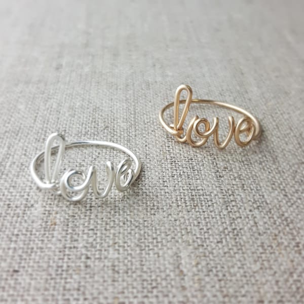 Wire Love Ring 14K Gold Fill, Cursive Word, Wire Wrap Ring, Handmade by Deanne Watson, Stocking Stuffer, Gifts Under 30