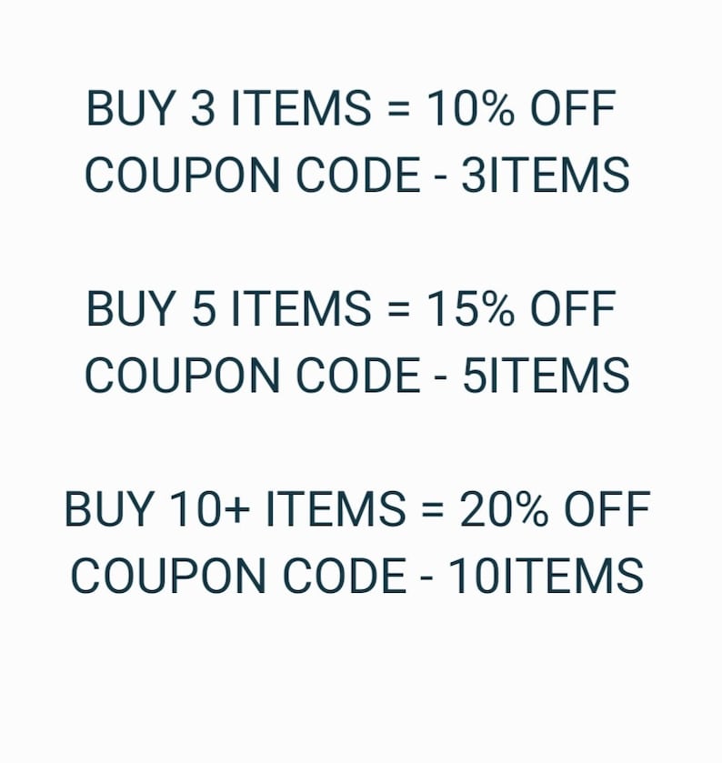 Pode incluir: C&oacute;digos de cupom baseados em texto para descontos em compras de 3, 5 ou 10 itens ou mais. Compre 3 itens = 10% de desconto, c&oacute;digo de cupom - 3ITEMS. Compre 5 itens = 15% de desconto, c&oacute;digo de cupom - 5ITEMS. Compre 10+ itens = 20% de desconto, c&oacute;digo de cupom - 10ITEMS.
