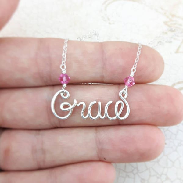 Wire Name Necklace with Birthstones, Gift for Daughter, Jewelry Gift Ideas for Girls