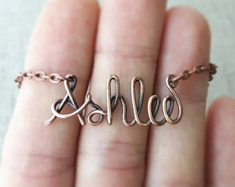 Wire Name Necklace, Boho Style, Wire Wrapped Jewelry Gifts, Oxidized Copper, Personalized Name Necklace, Name Jewelry, Fashion Accessories