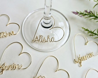 Wine Charms gold, Personalized Name in a Heart, Rustic Wedding Favors