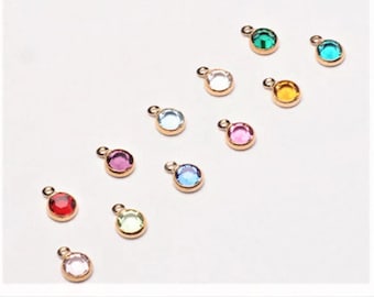 Tiny Birthstone Crystal Charm for necklace and bracelet 4mm Channel - Silver, Gold, 12 Colors, Comes with Loop