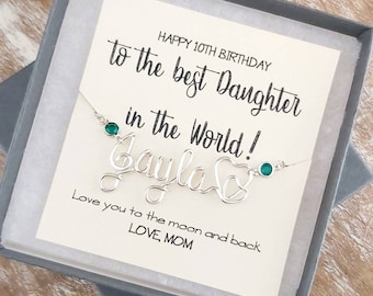 Wire Name Necklace, 10th Birthday Necklace Girl, Custom Birthstone Necklace, Personalized Gift