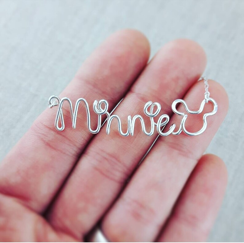 Silver or Gold Wire Name Necklace with Disney Lettering Mickey Mouse with Birthstone Custom Handcrafted Name Choose from 12 Colors