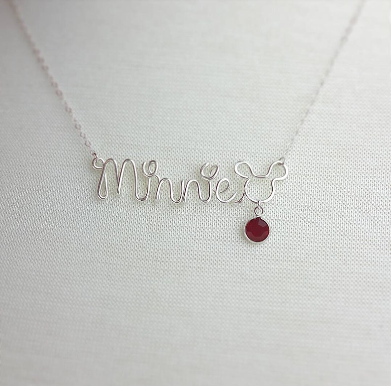 Silver or Gold Wire Name Necklace with Disney Lettering Mickey Mouse with Birthstone Custom Handcrafted Name Choose from 12 Colors