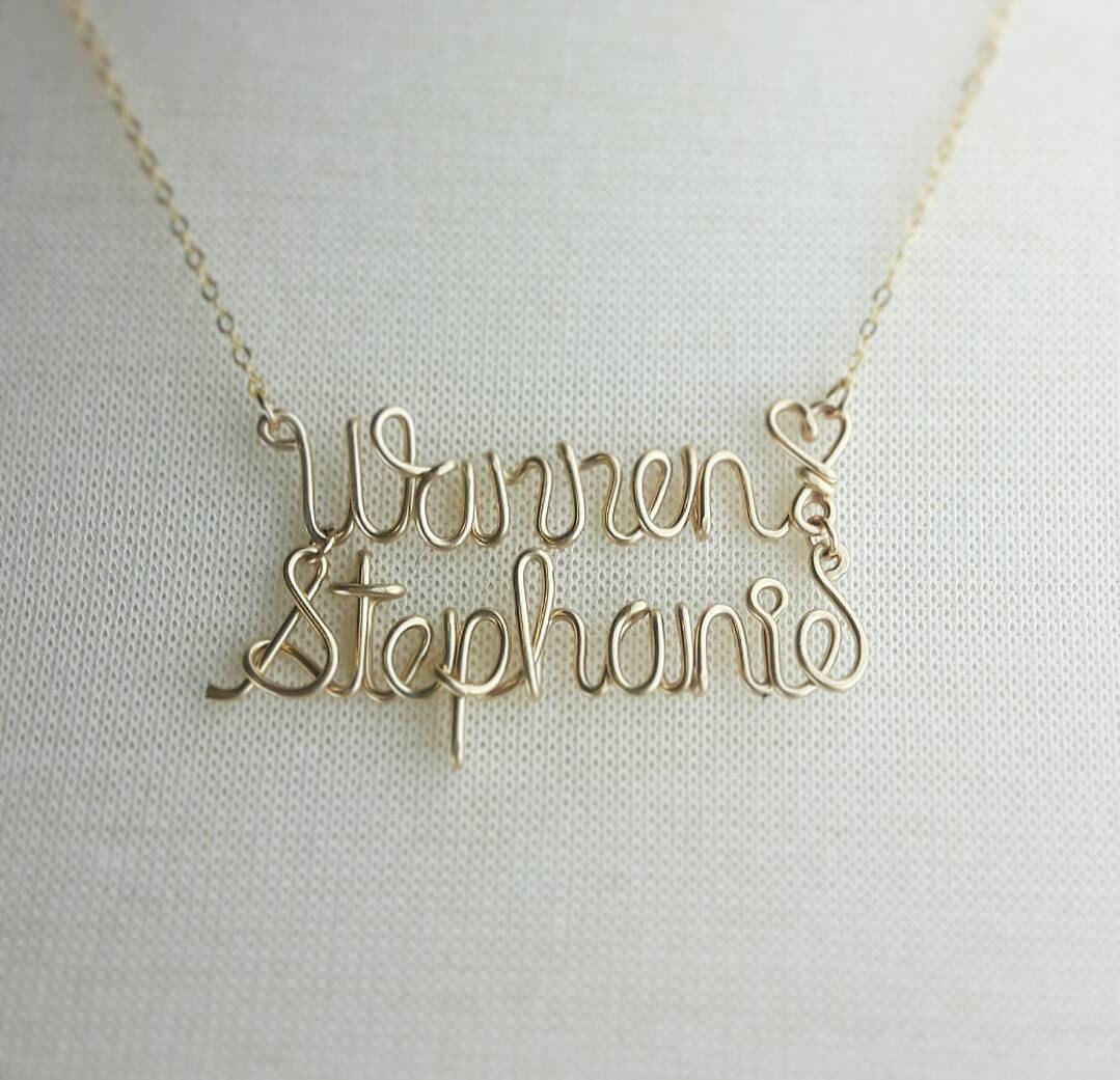 Wire Name Necklace Two Names Up to 20 Characters 14k Gold or Etsy
