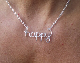 Happy Necklace Or Any Word Personalized Silver Word Necklace Happiness Joy Personalized Necklace Wire Wrap Jewelry Gifts