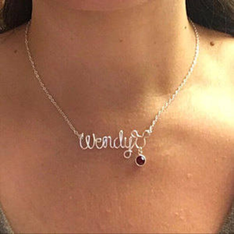 Silver or Gold Wire Name Necklace with Disney Lettering Mickey Mouse with Birthstone Custom Handcrafted Name Choose from 12 Colors