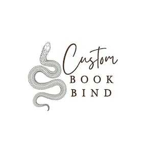 May include: A logo featuring a detailed, grayscale illustration of a snake coiled on the left side. The text "Custom BOOK BIND" is in a brown, elegant font on the right side, suggesting custom bookbinding services.