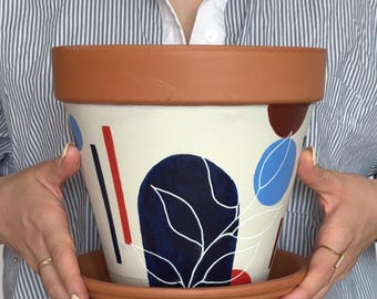 Hand-Painted Terracotta Plant Pot | Botanical Bauhaus Design | Eco Home Decor | Modern Indoor & Outdoor Planter | Sustainable Gift Idea