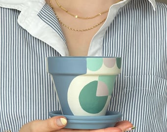 Hand-Painted Terracotta Plant Pot: Botanical Bauhaus Design