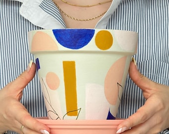 Hand-Painted Terracotta Plant Pot | Botanical Bauhaus Design | Eco Home Decor | Modern Indoor & Outdoor Planter | Sustainable Gift Idea