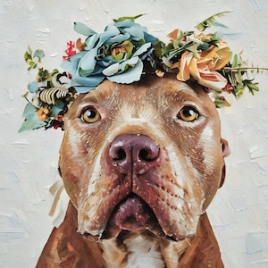 Pit Bull Wall Art Printable | Fine Art Pet Portrait | Floral Dog Painting | Digital Download Dog Print | Pit Bull Dog Lover Gift