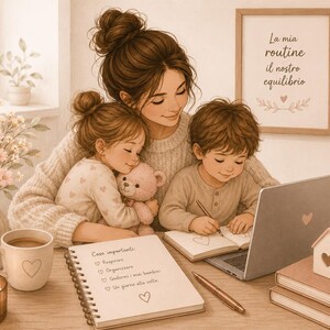 Può includere: Illustrazione in seppia di una madre con due bambini. La madre abbraccia i bambini, uno dei quali tiene un orsacchiotto. Sul tavolo ci sono un computer portatile, un quaderno e una tazza di caffè. Il testo sul quaderno dice "Cose importanti". Una stampa incorniciata dice "La mia routine il nostro equilibrio".