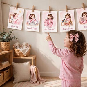 Può includere: Cinque stampe rettangolari appese a una corda con mollette di legno, ognuna con un'illustrazione ad acquerello di un bambino che svolge routine quotidiane con il testo Wake Up, Brush Teeth, Get Dressed, Play & Learn e Rest.