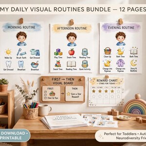 Può includere: Un set di tabelle visive stampabili per la routine mattutina, pomeridiana e serale, una tavola «prima-dopo» e una tabella dei premi. I documenti presentano illustrazioni di attività quotidiane con testo per il monitoraggio delle azioni.