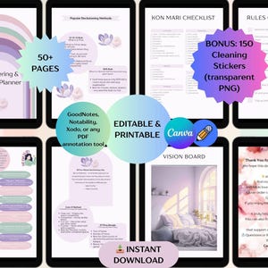 Könnte beinhalten: Ein digitaler Entrümpelungs- und Reinigungsplaner, der auf mehreren Tablets angezeigt wird. Der Planer enthält über 50 Seiten, eine Kon Mari Checkliste, Reinigungsaufkleber und ein Vision Board. Der Planer ist editierbar, druckbar und sofort zum Download verfügbar.