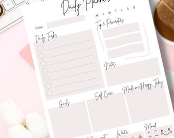 Printable A4 & Fillable PDF | Minimalist Daily Self-Care Planner | Daily To-Do List, Priorities, Goals, Mood Tracker | Calm Day