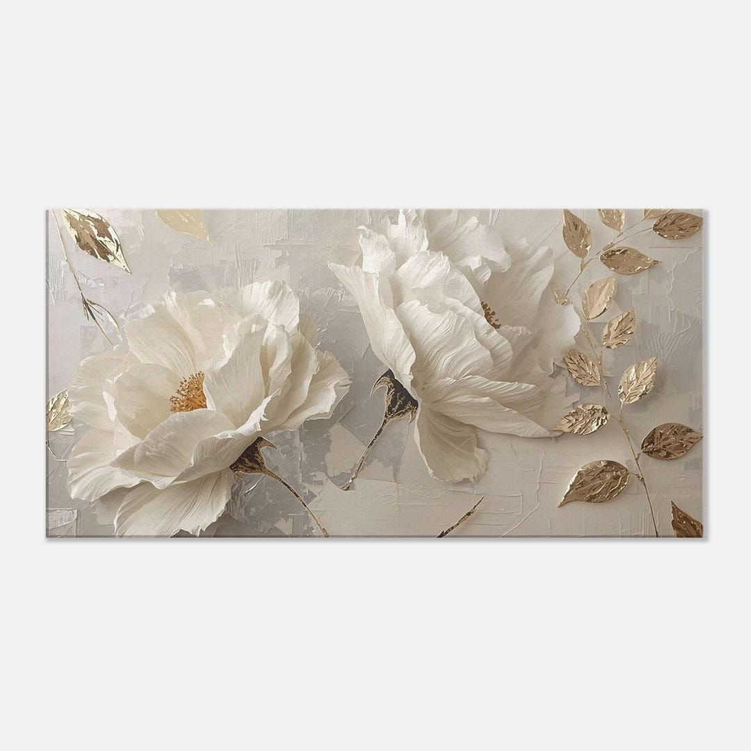 Elegant White and Gold Floral Wall Art – 3D Textured Canvas Painting ...