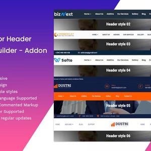 May include: A webpage design showcasing Elementor Header Footer Builder Addon features. The image displays various header styles with the text "Header style 02" through "Header style 06". Key features include responsive design, multi-language support, and pricing table styles.