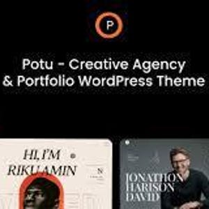 Op de afbeelding: Een promotieafbeelding voor het Potu - Creative Agency & Portfolio WordPress Theme. De afbeelding bevat website-mockups met tekst, waaronder "UI/UX", "TAKE amazing AGE", "HI, I'M RIKUAMIN", "JONATHON HARISON DAVID" en "Our Latest Sukio Housing Project".