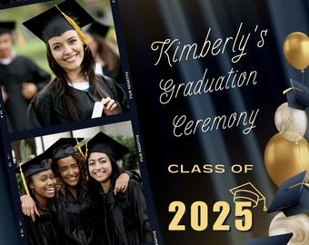 Puede incluir: Una invitación de graduación con fondo negro y detalles dorados. La invitación presenta un collage de fotos de graduados con sus birretes y togas, junto con el texto "Ceremonia de graduación de Kimberly, Clase de 2025". La invitación también incluye la fecha, la hora y el lugar de la ceremonia.