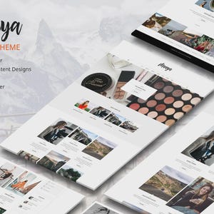 May include: A website theme mockup with the name "Maaya" in a script font. The theme is for a blog and includes features like a live customizer and RTL support. The image shows several website mockups with images and text.
