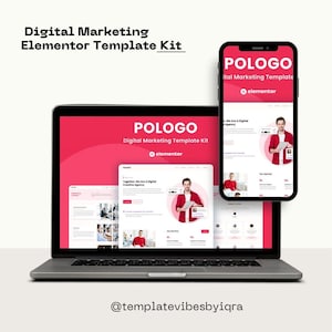 May include: A laptop and smartphone showcase a digital marketing template kit. The laptop and phone screens display a website design with the "POLOGO" logo and the text "Digital Marketing Template Kit". The background features a red and white gradient.