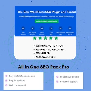 Puede incluir: Un gráfico azul y blanco que promociona "The Best WordPress SEO Plugin and Toolkit". Incluye iconos para SEO Optimizer, Rich Snippets, Smart Sitemaps, Local SEO, WooCommerce SEO y Advanced SEO Modules. El texto destaca la activación genuina y las actualizaciones automáticas.