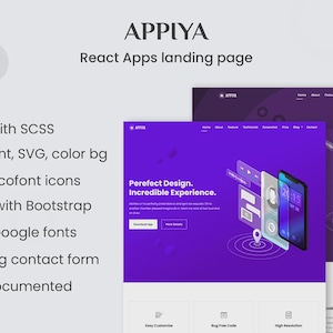 Puede incluir: Diseño web para React Apps, llamado APPIYA, sobre fondo morado. El diseño incluye una maqueta de teléfono, iconos y el texto "Perefect Design. Incredible Experience."